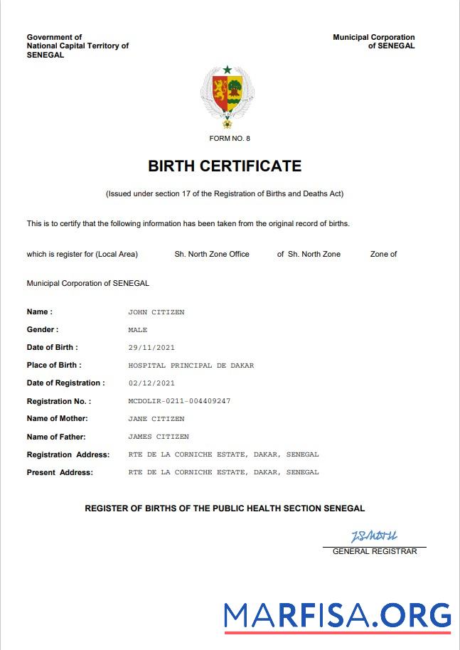 Printable Senegal vital record birth certificate Word and PDF template